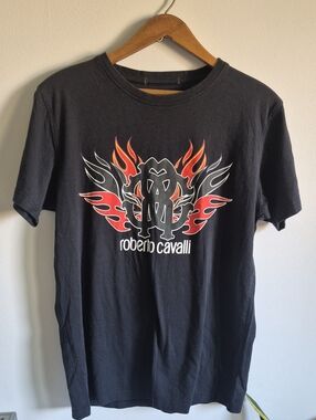 Roberto Cavalli Flame Monogram Graphic Black T-Shirt